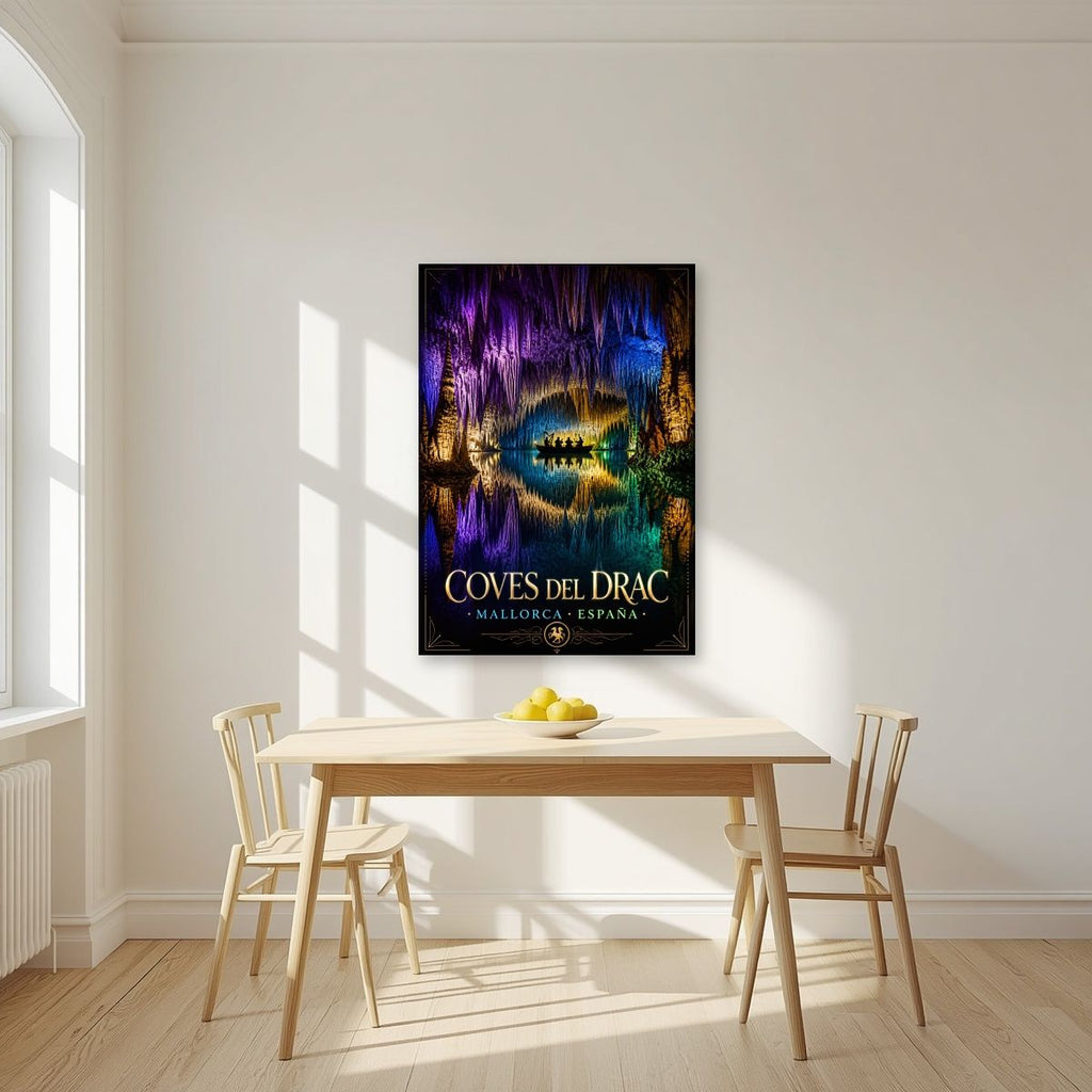 Coves del Drac — Mallorca art print, unframed poster, styled in a kitchen
