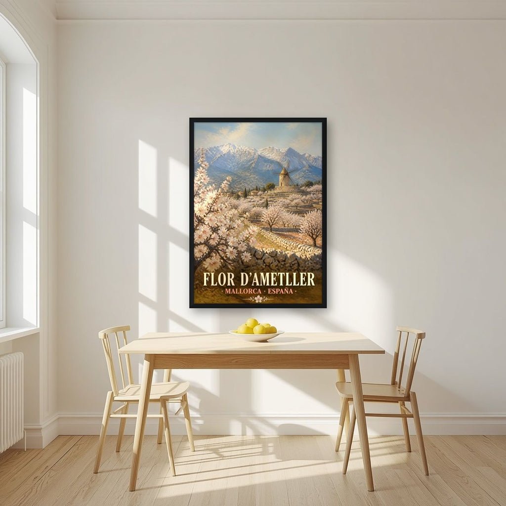 Flor d'Ametller — Mallorca art print, in a black frame, styled in a kitchen