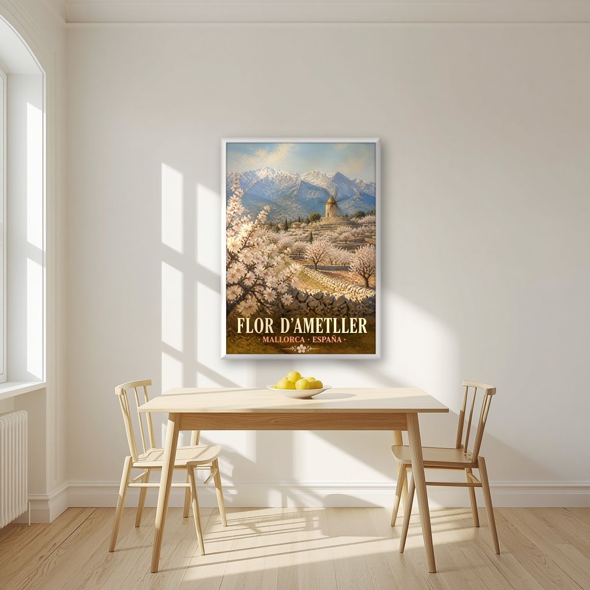 Flor d'Ametller — Mallorca art print, in a white frame, styled in a kitchen