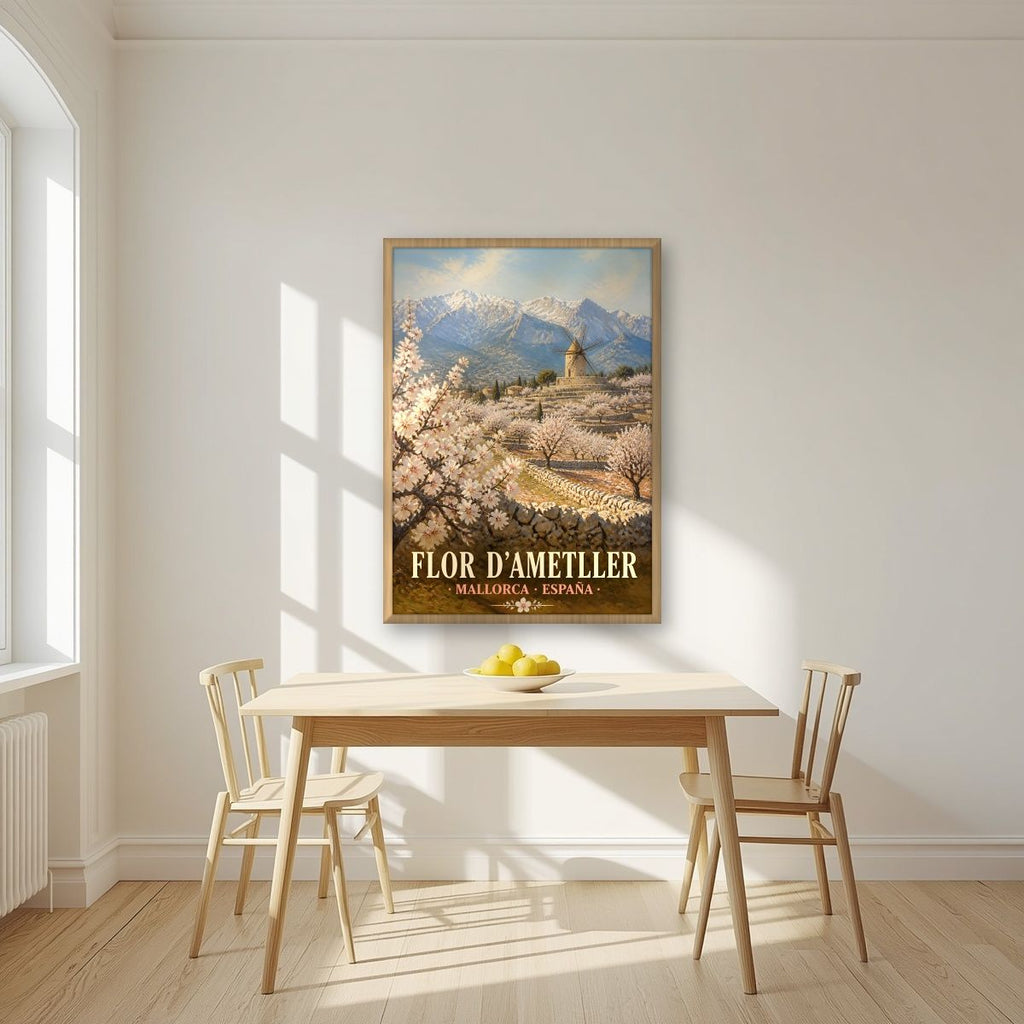 Flor d'Ametller — Mallorca art print, in an oak frame, styled in a kitchen