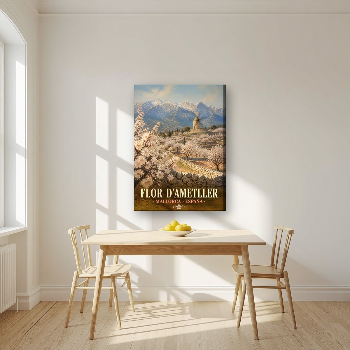 Flor d'Ametller — Mallorca art print, on slim canvas, styled in a kitchen