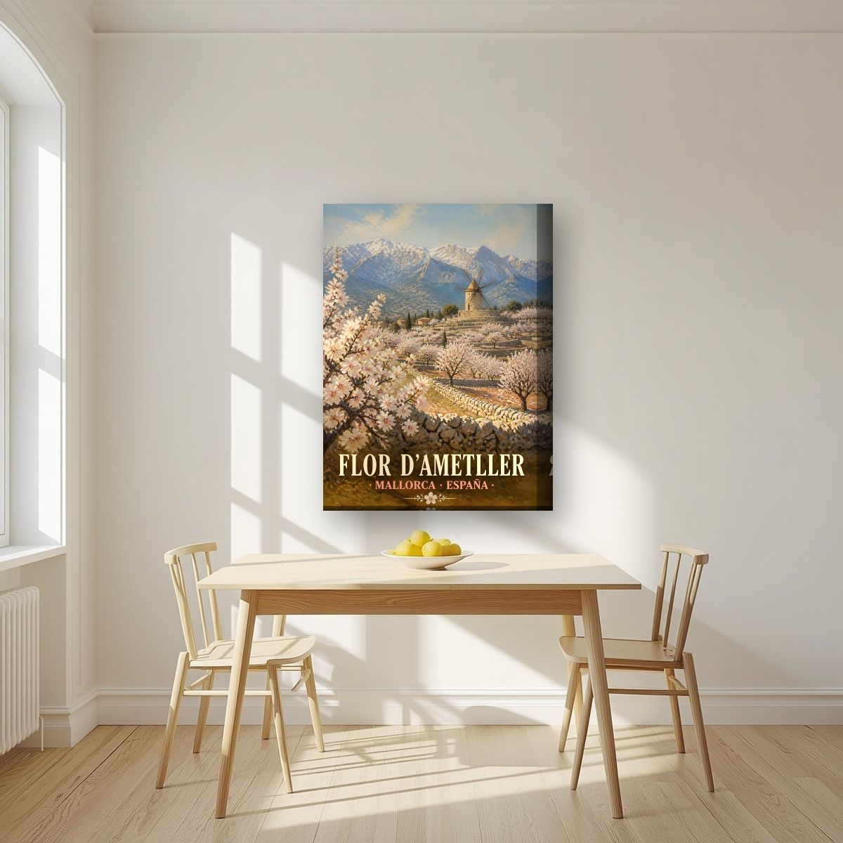 Flor d'Ametller — Mallorca art print, on thick canvas, styled in a kitchen