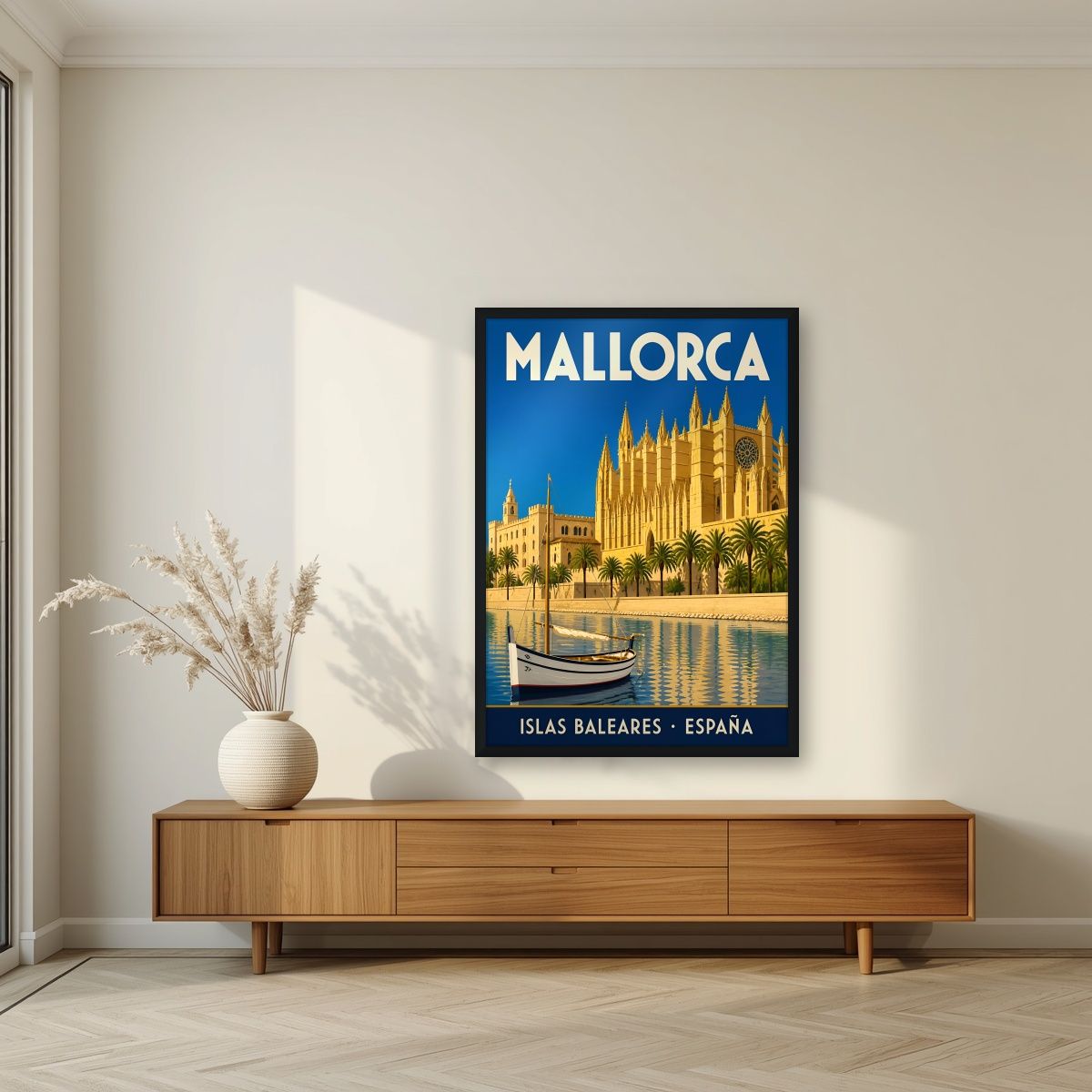 La Seu — Mallorca art print, in a black frame, styled in a living room