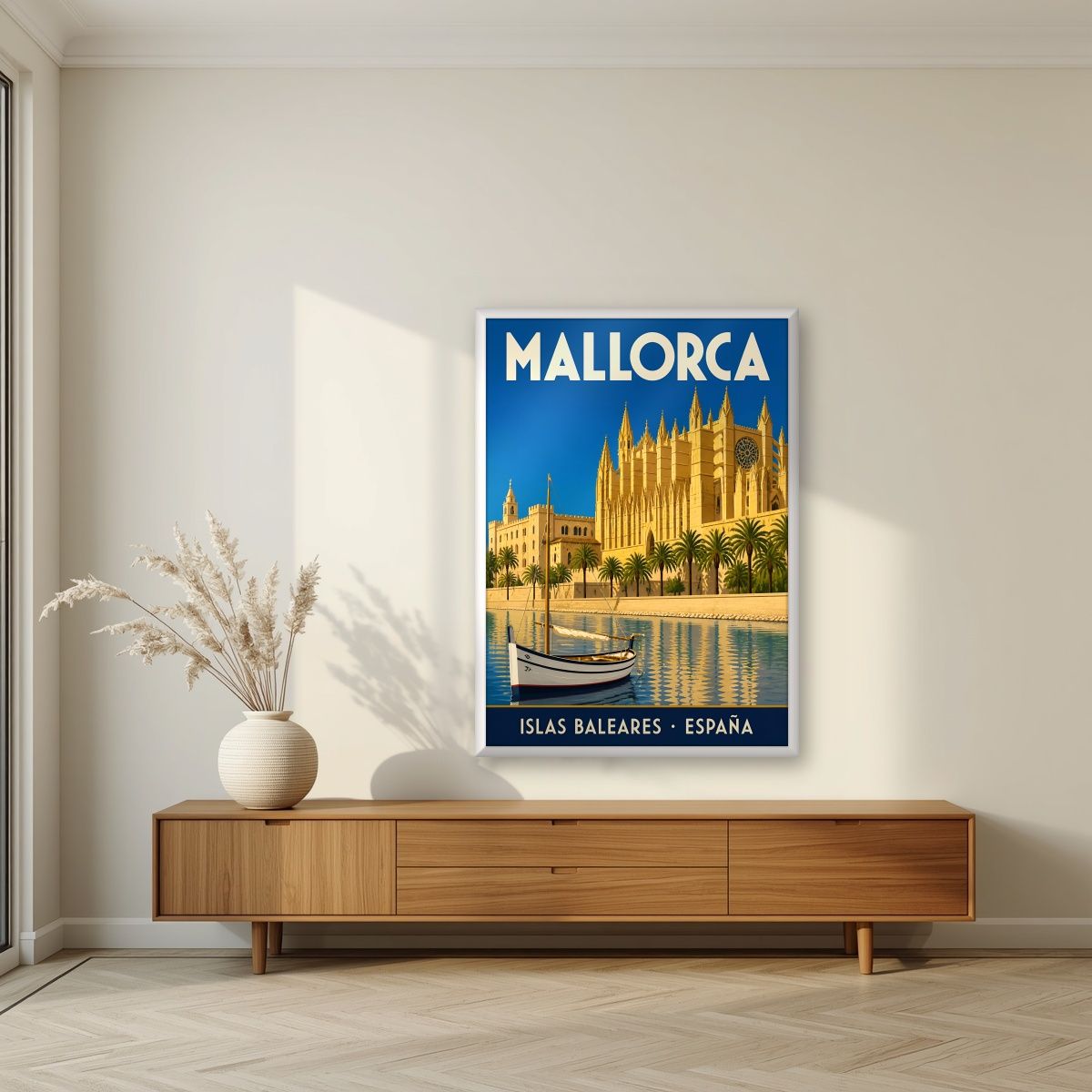 La Seu — Mallorca art print, in a white frame, styled in a living room