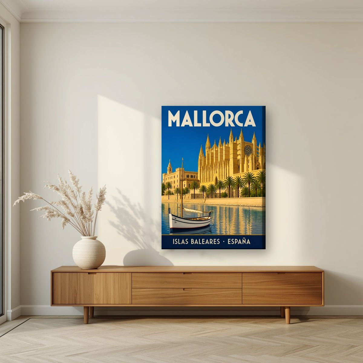 La Seu — Mallorca art print, on slim canvas, styled in a living room