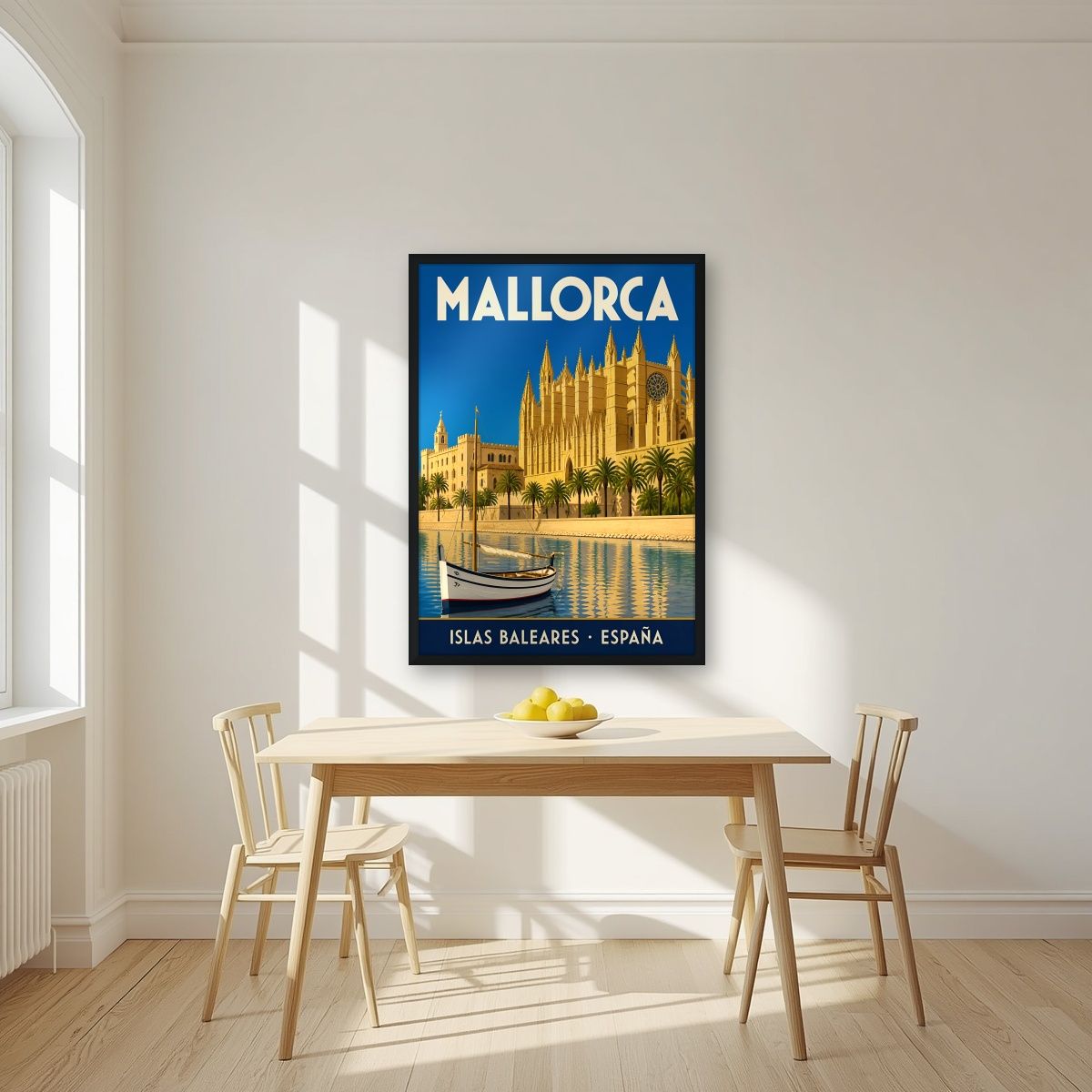 La Seu — Mallorca art print, in a black frame, styled in a kitchen