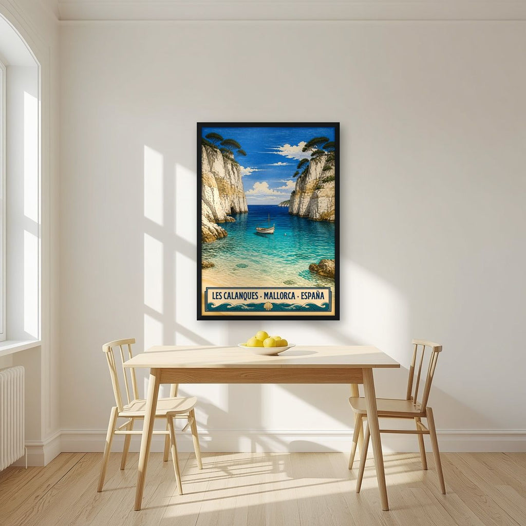 Les Calanques — Mallorca art print, in a black frame, styled in a kitchen