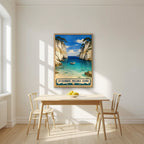 Les Calanques — Mallorca art print, in an oak frame, styled in a kitchen