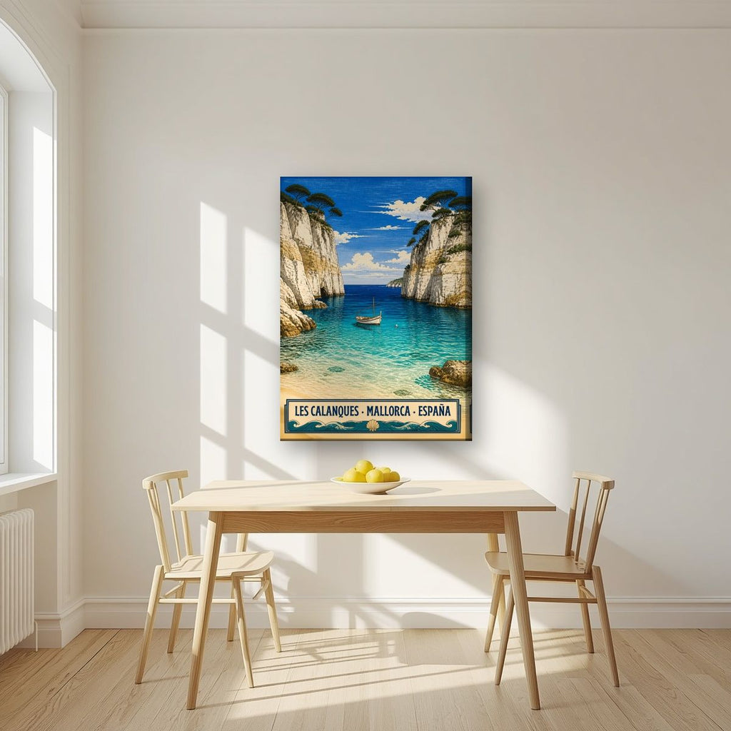 Les Calanques — Mallorca art print, on slim canvas, styled in a kitchen