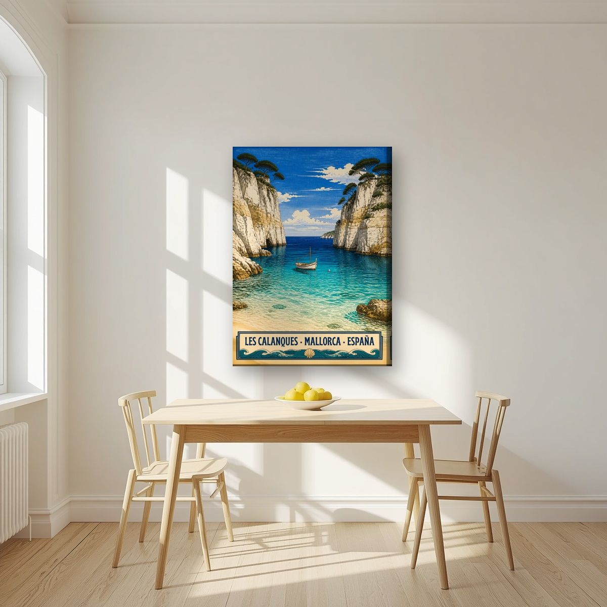 Les Calanques — Mallorca art print, on slim canvas, styled in a kitchen
