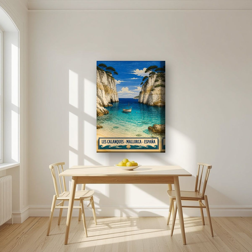 Les Calanques — Mallorca art print, on thick canvas, styled in a kitchen