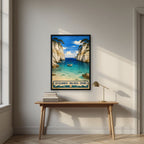 Les Calanques — Mallorca art print, in a black frame, styled in a desk