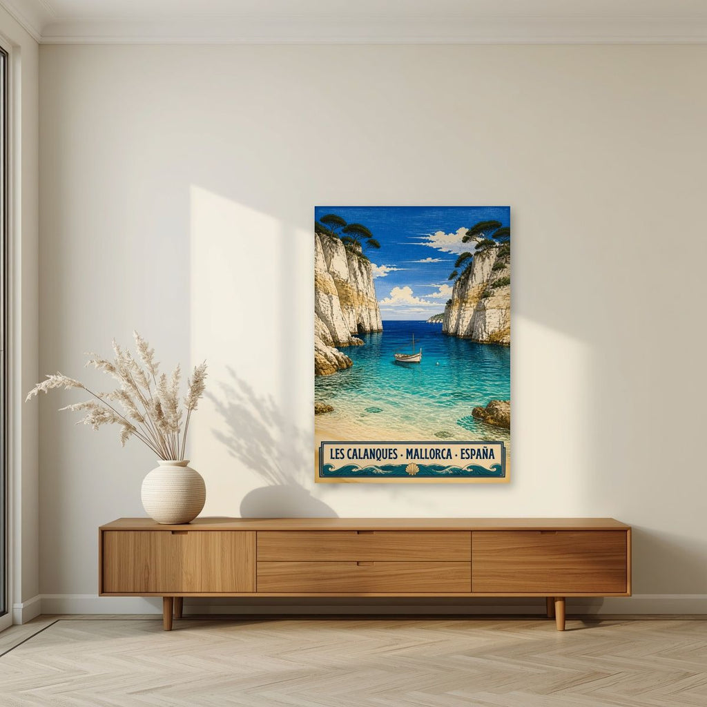 Les Calanques — Mallorca art print, unframed poster, styled in a living room