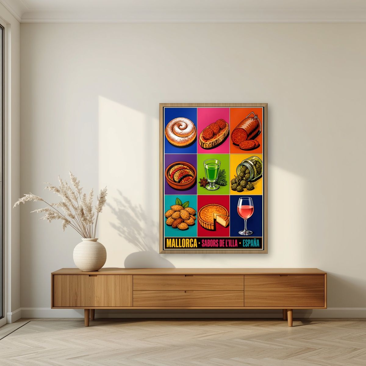 Sabors de l'Illa — Mallorca art print, in an oak frame, styled in a living room