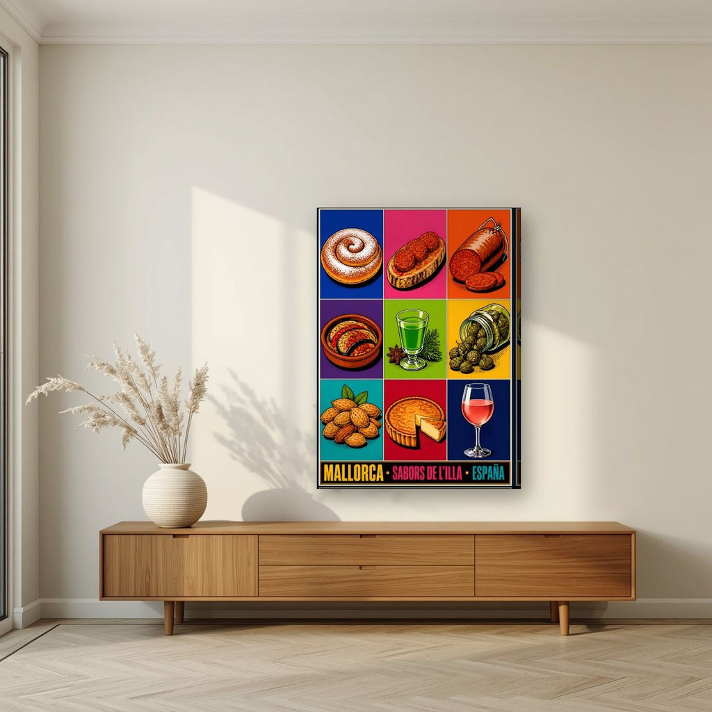Sabors de l'Illa — Mallorca art print, on slim canvas, styled in a living room