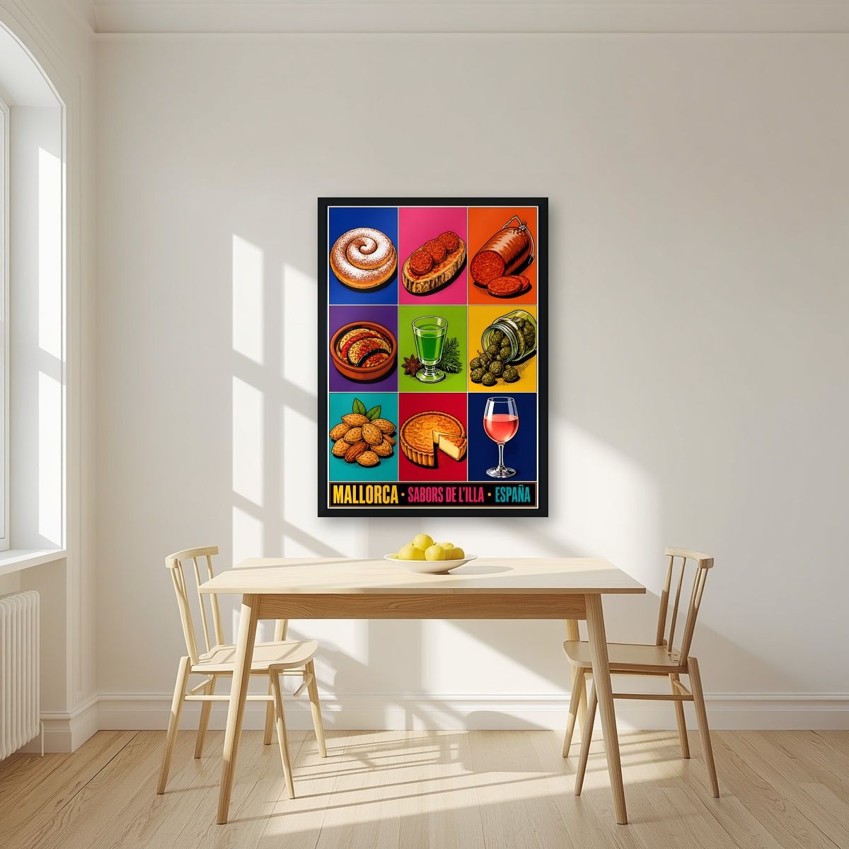 Sabors de l'Illa — Mallorca art print, in a black frame, styled in a kitchen