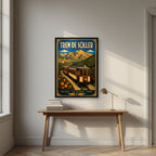 Tren de Sóller — Mallorca art print, in a black frame, styled in a desk
