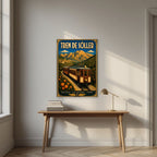 Tren de Sóller — Mallorca art print, unframed poster, styled in a desk