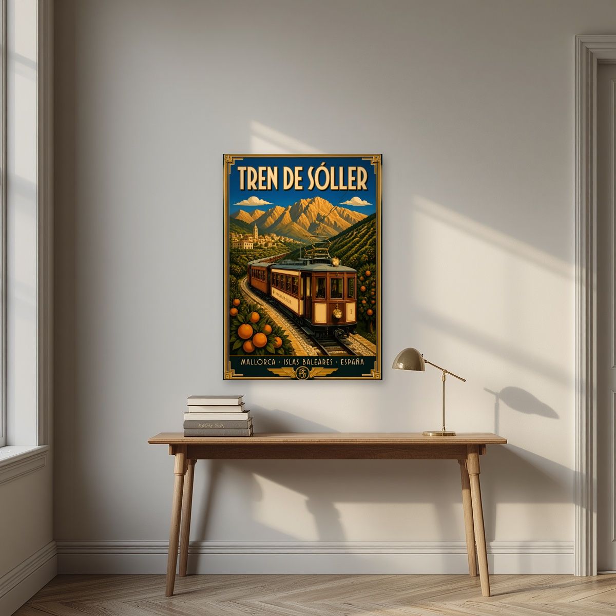 Tren de Sóller — Mallorca art print, unframed poster, styled in a desk