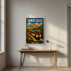Tren de Sóller — Mallorca art print, in a white frame, styled in a desk