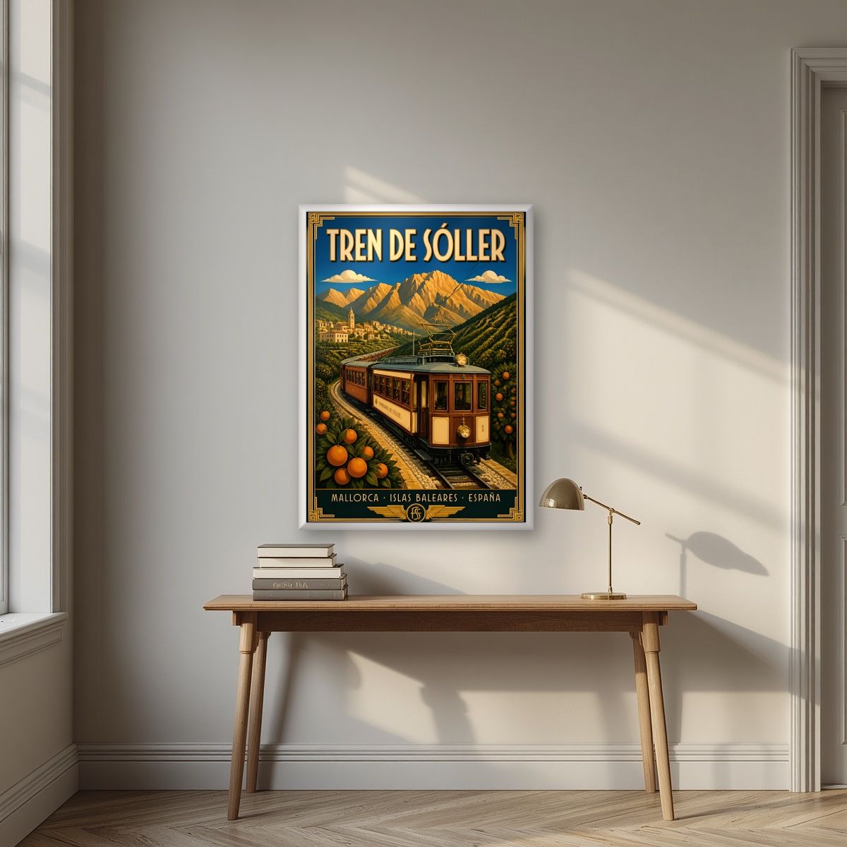 Tren de Sóller — Mallorca art print, in a white frame, styled in a desk
