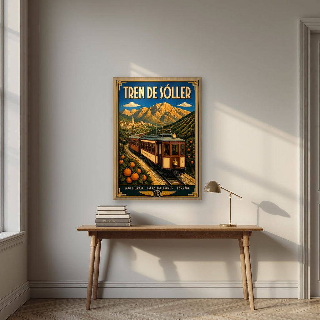 Tren de Sóller — Mallorca art print, in an oak frame, styled in a desk