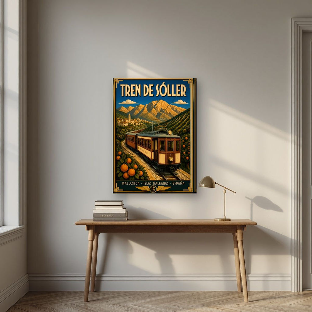 Tren de Sóller — Mallorca art print, on slim canvas, styled in a desk