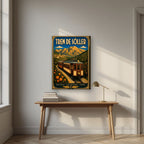 Tren de Sóller — Mallorca art print, on slim canvas, styled in a desk