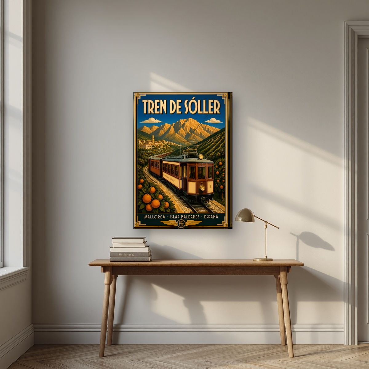 Tren de Sóller — Mallorca art print, on slim canvas, styled in a desk