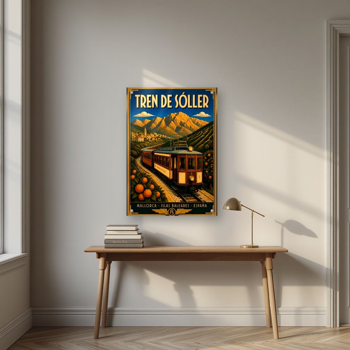 Tren de Sóller — Mallorca art print, as an acrylic print, styled in a desk