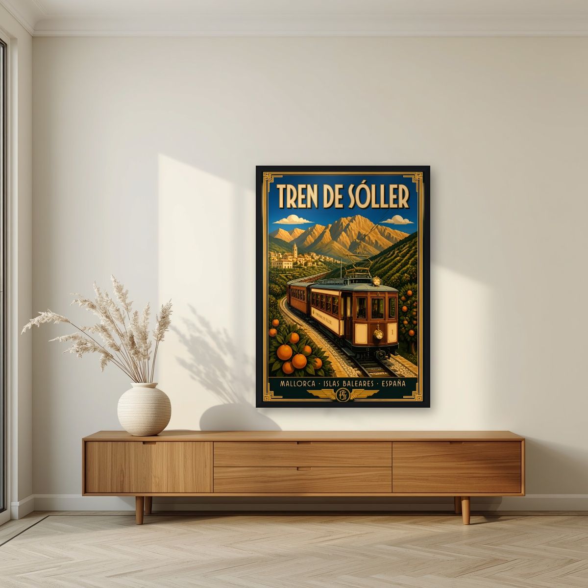 Tren de Sóller — Mallorca art print, in a black frame, styled in a living room