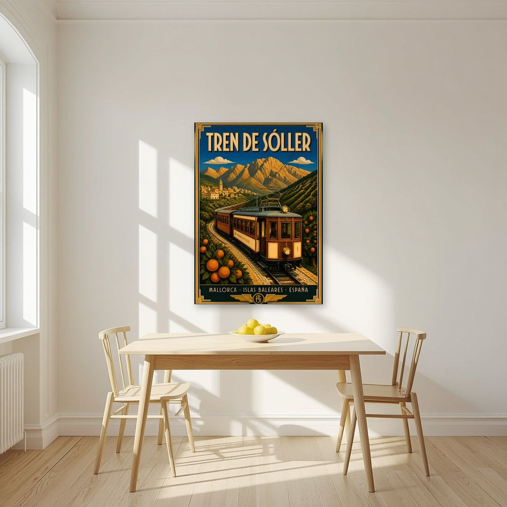Tren de Sóller — Mallorca art print, unframed poster, styled in a kitchen