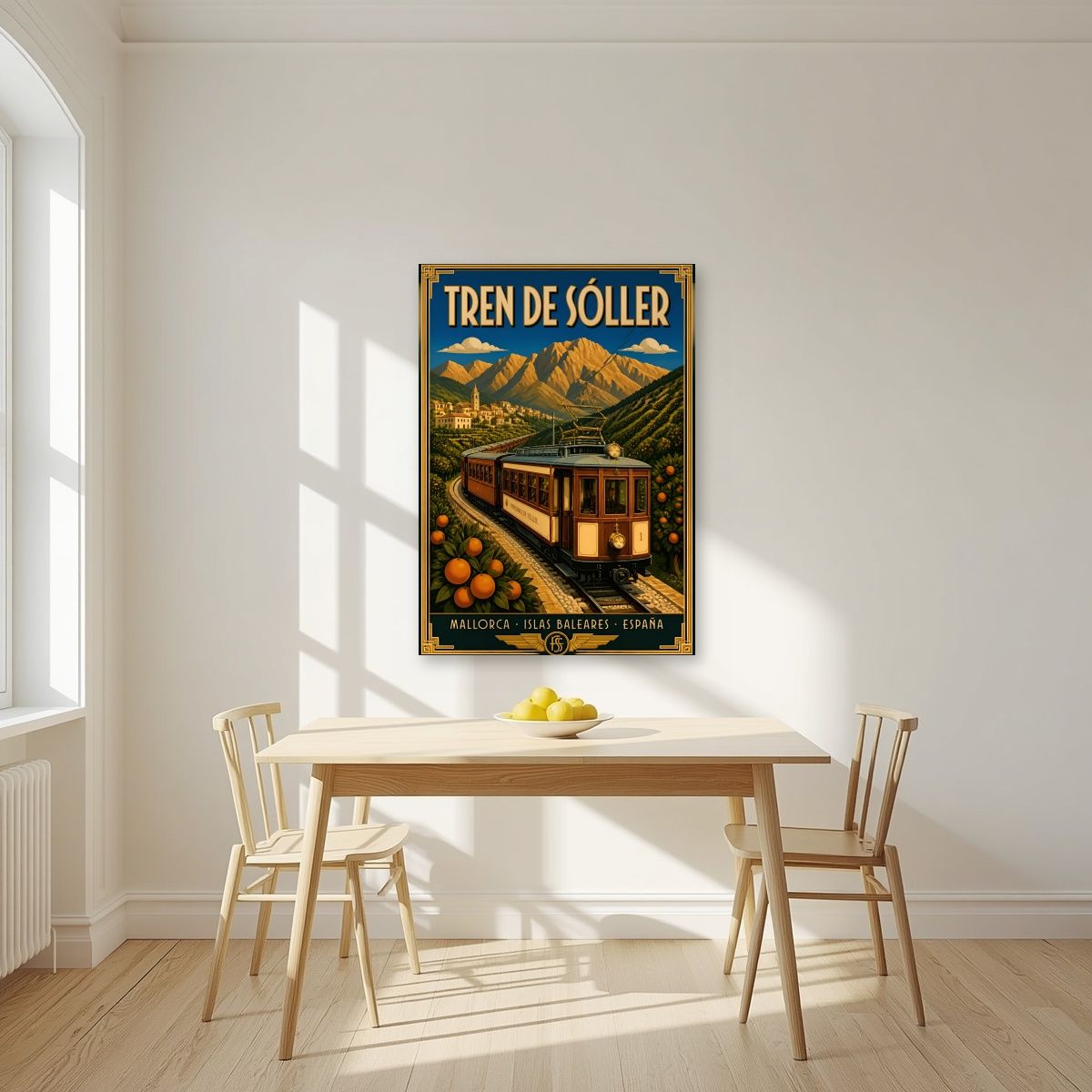 Tren de Sóller — Mallorca art print, unframed poster, styled in a kitchen