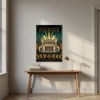 Cottonopolis Manchester art print as an unframed print, above an oak writing desk