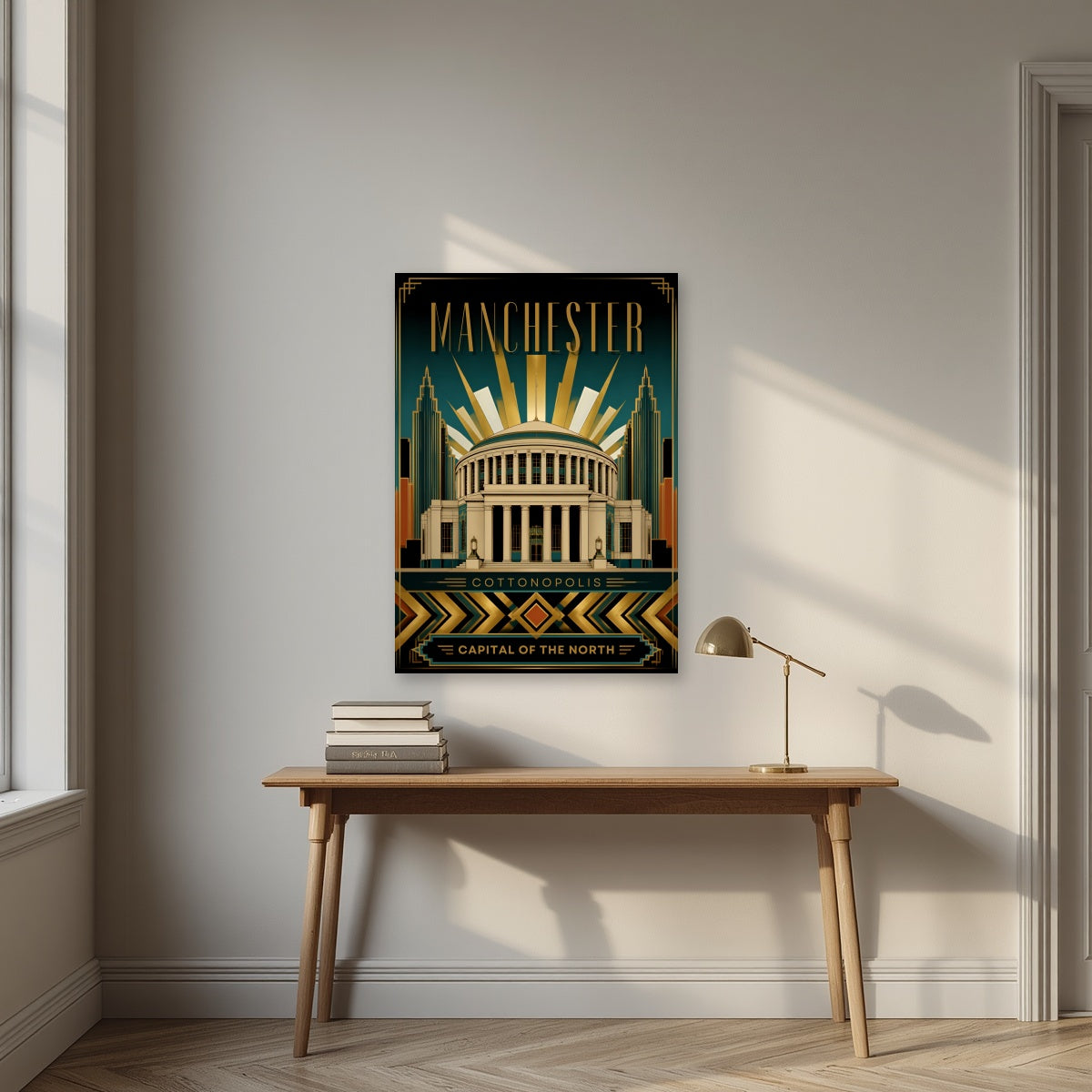 Cottonopolis Manchester art print as an unframed print, above an oak writing desk