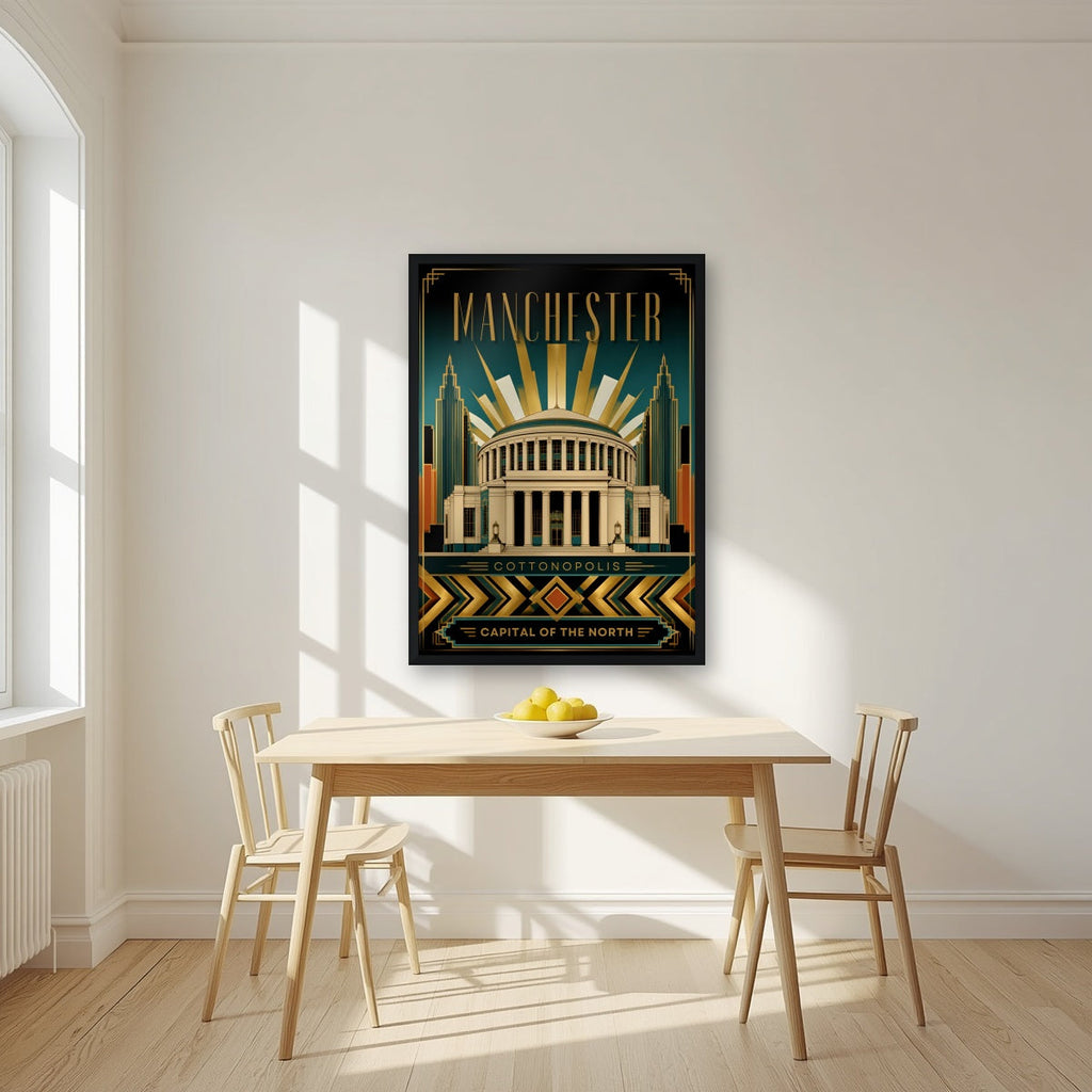 Cottonopolis Manchester art print in a black frame, above a dining table in a bright kitchen