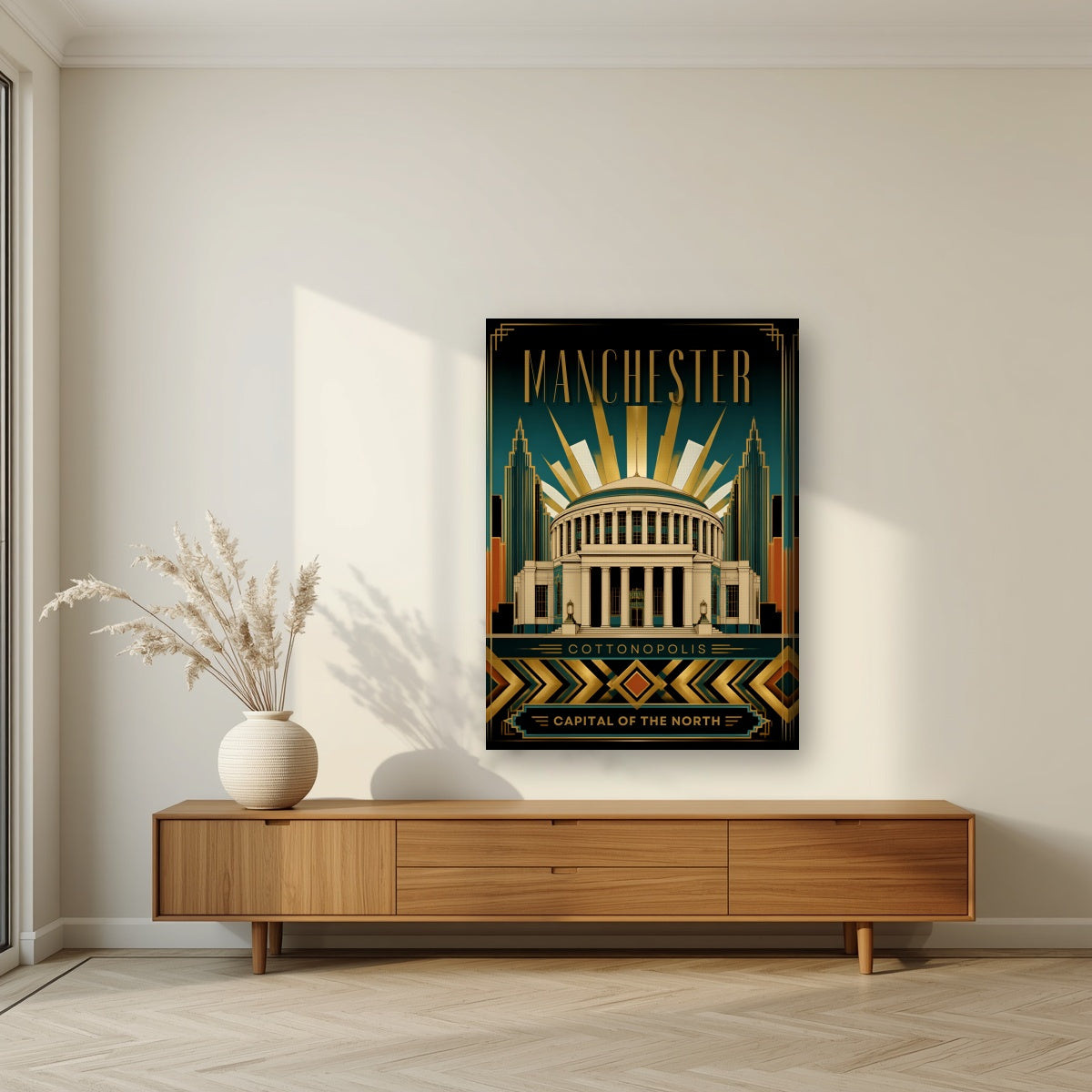 Cottonopolis Manchester art print on a slim-edge canvas, above a walnut sideboard in a living room