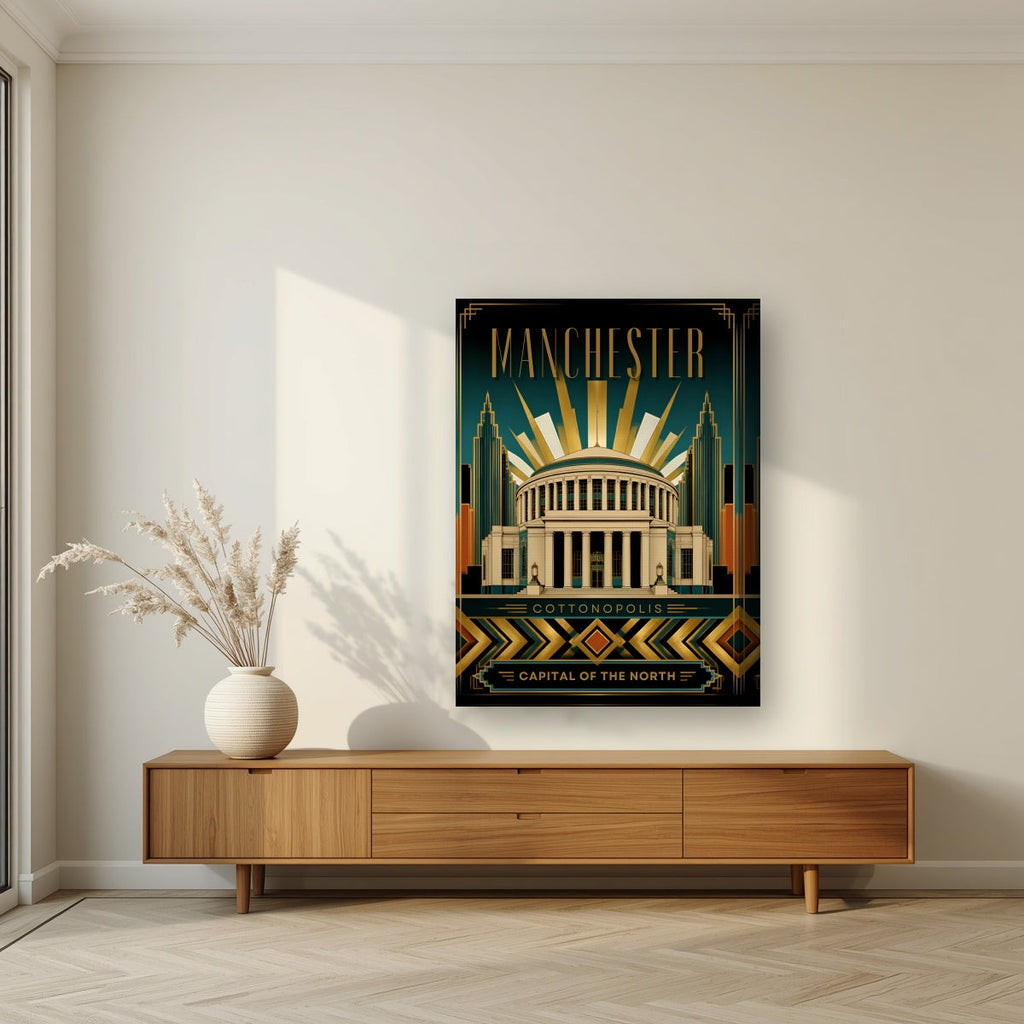 Cottonopolis Manchester art print on a thick-edge canvas, above a walnut sideboard in a living room