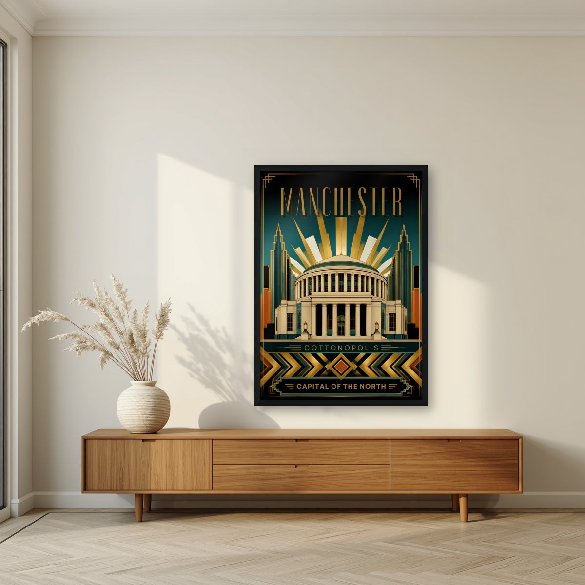 Cottonopolis Manchester art print in a black frame, above a walnut sideboard in a living room