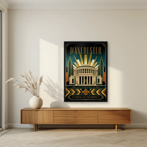 Cottonopolis Manchester art print in a black frame, above a walnut sideboard in a living room