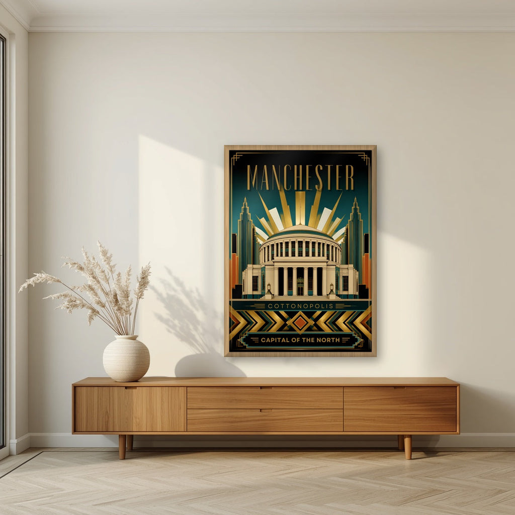 Cottonopolis Manchester art print in an oak frame, above a walnut sideboard in a living room