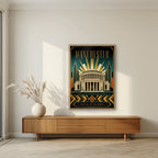 Cottonopolis Manchester art print in an oak frame, above a walnut sideboard in a living room