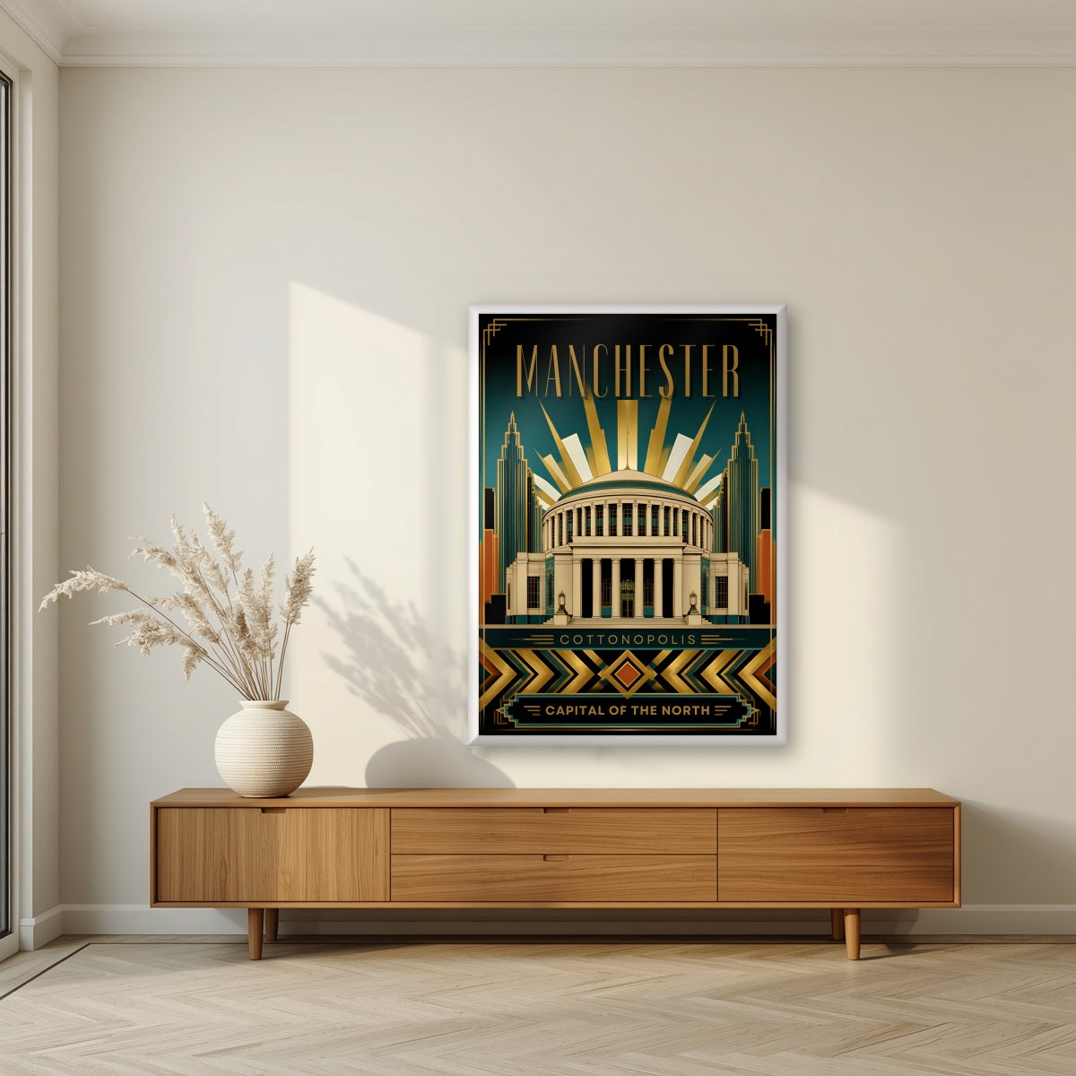 Cottonopolis Manchester art print in a white frame, above a walnut sideboard in a living room