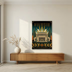 Cottonopolis Manchester art print as an unframed print, above a walnut sideboard in a living room