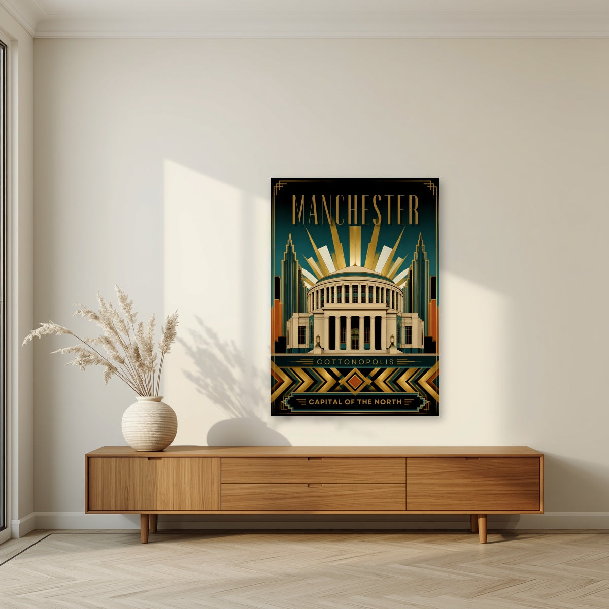 Cottonopolis Manchester art print as an unframed print, above a walnut sideboard in a living room