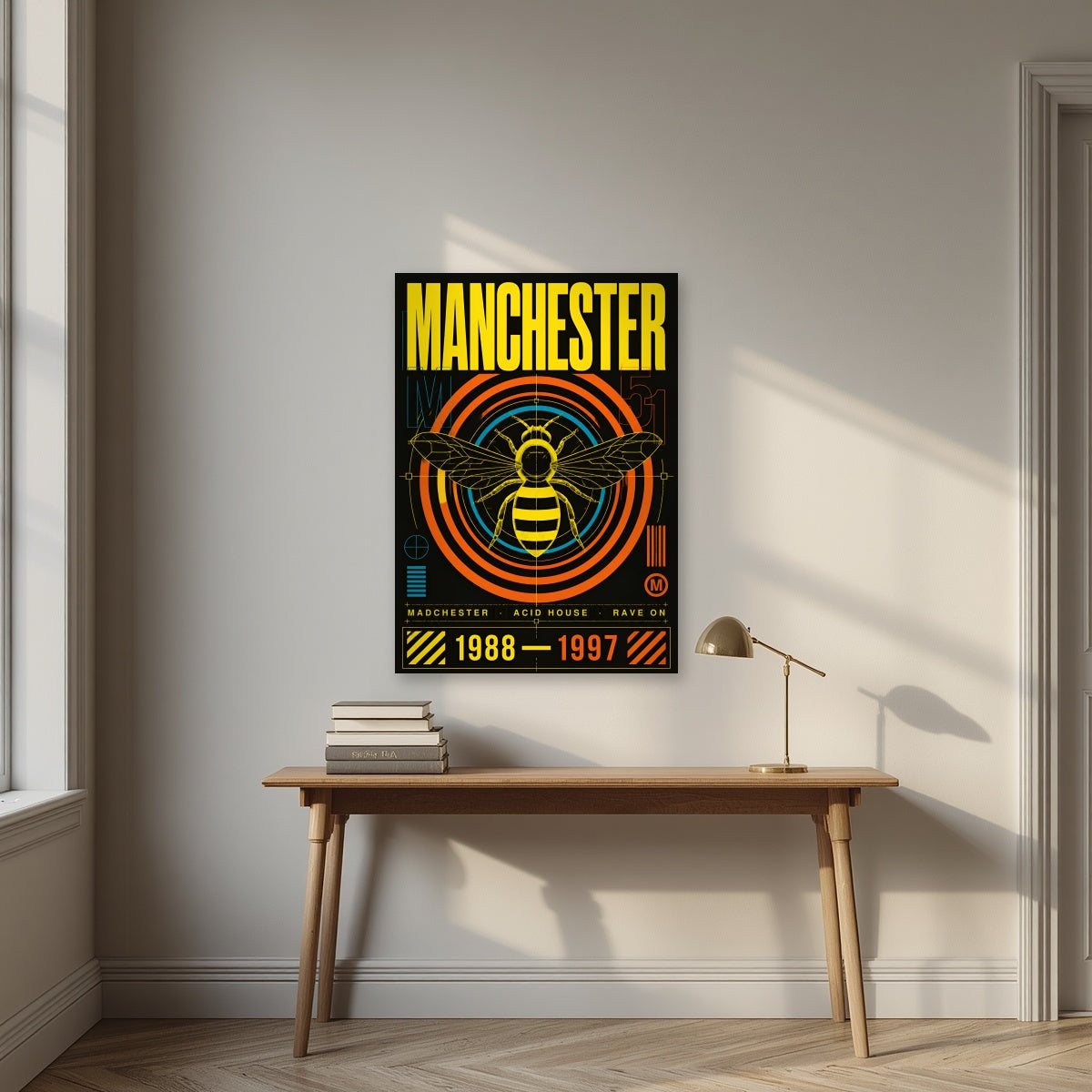 Madchester Manchester art print as an unframed print, above an oak writing desk