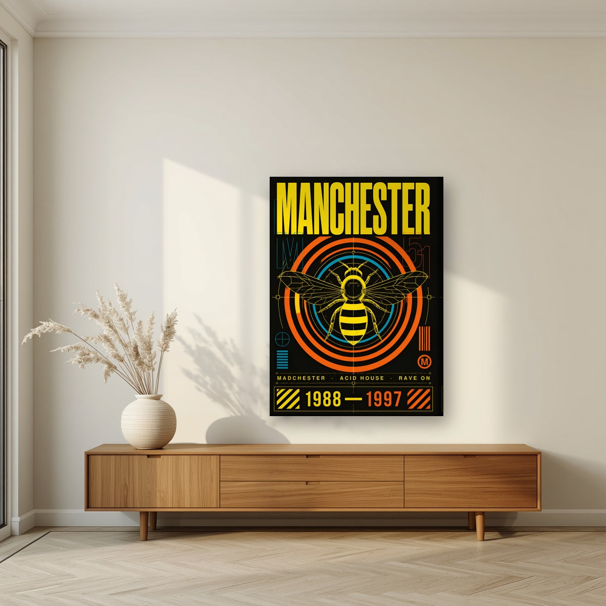 Madchester Manchester art print on a slim-edge canvas, above a walnut sideboard in a living room