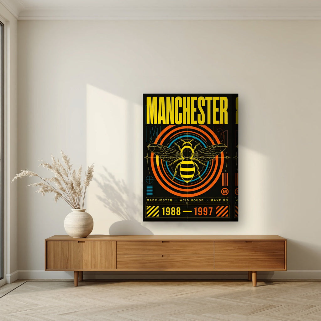 Madchester Manchester art print on a thick-edge canvas, above a walnut sideboard in a living room
