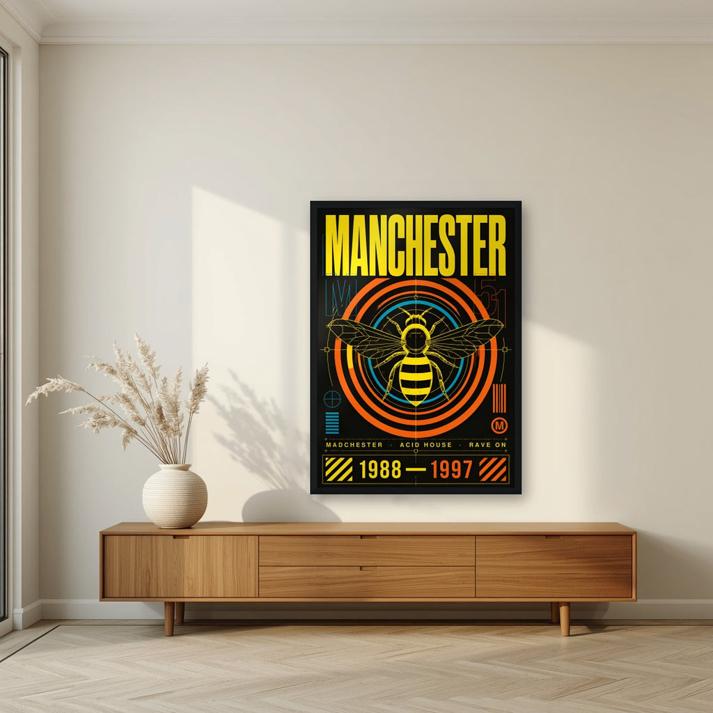 Madchester Manchester art print in a black frame, above a walnut sideboard in a living room