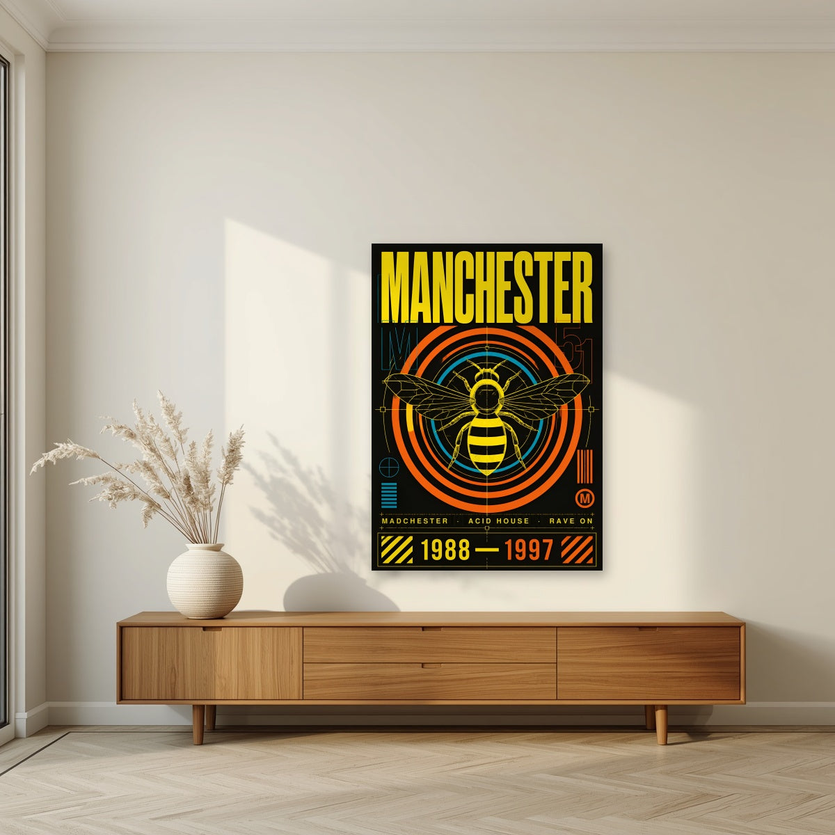 Madchester Manchester art print as an unframed print, above a walnut sideboard in a living room